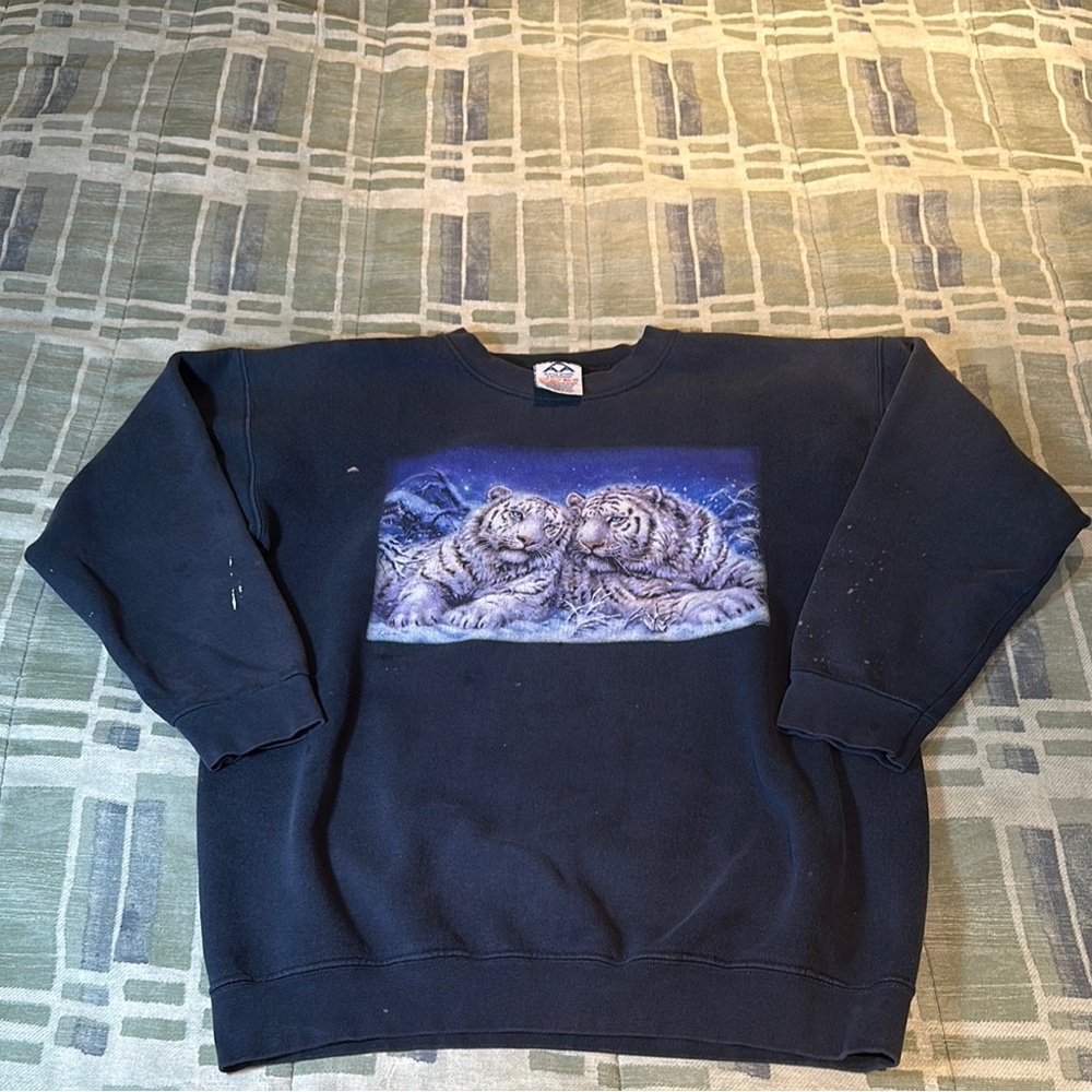 Men's Vintage Long Sleeve White Tiger Print Sweater Navy sz M